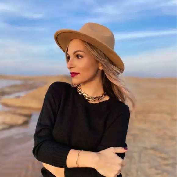 Vegan Fedora Vegan Firm Wide Brim Tan Cream Red Vegan Wool Hat - Picture 12 of 16